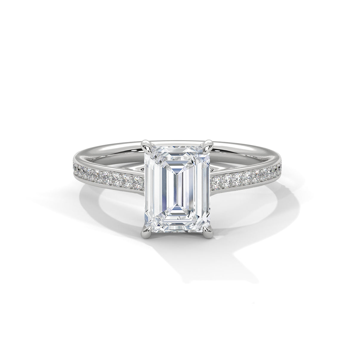 Platinum emerald-cut diamond pavé band ring with rectangular center stone