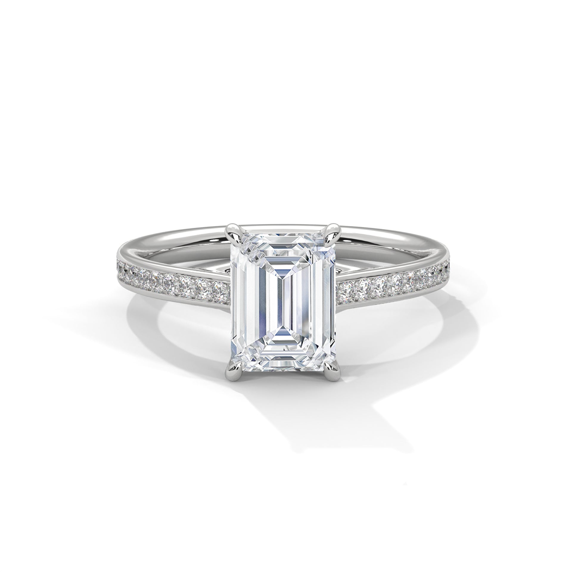 Platinum radiant cut diamond engagement ring with emerald-cut center and pave band