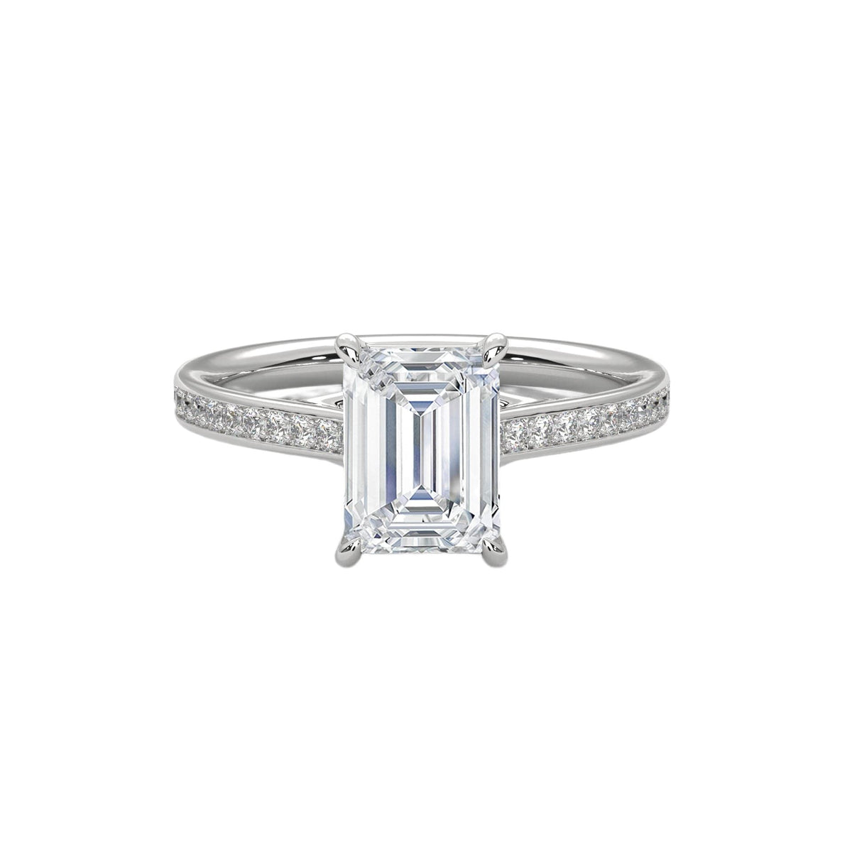 Platinum emerald-cut diamond pavé band ring with rectangular center stone