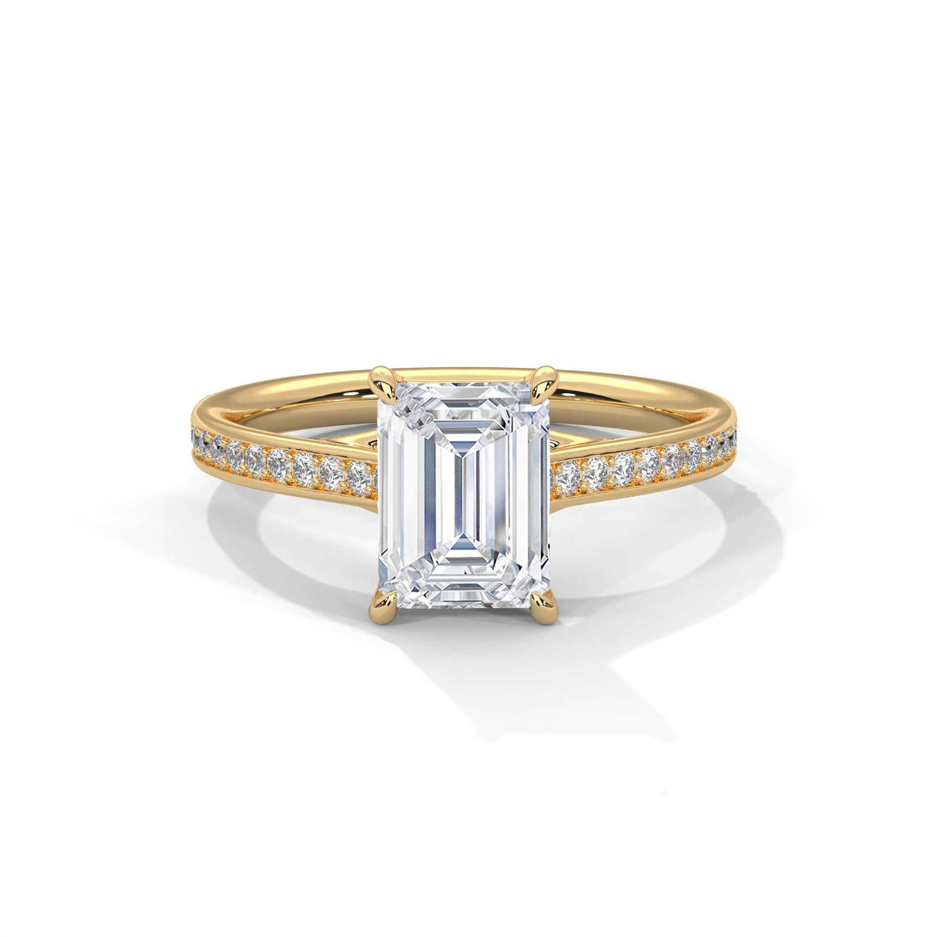 Yellow gold radiant cut diamond engagement ring with emerald-cut center and pave band