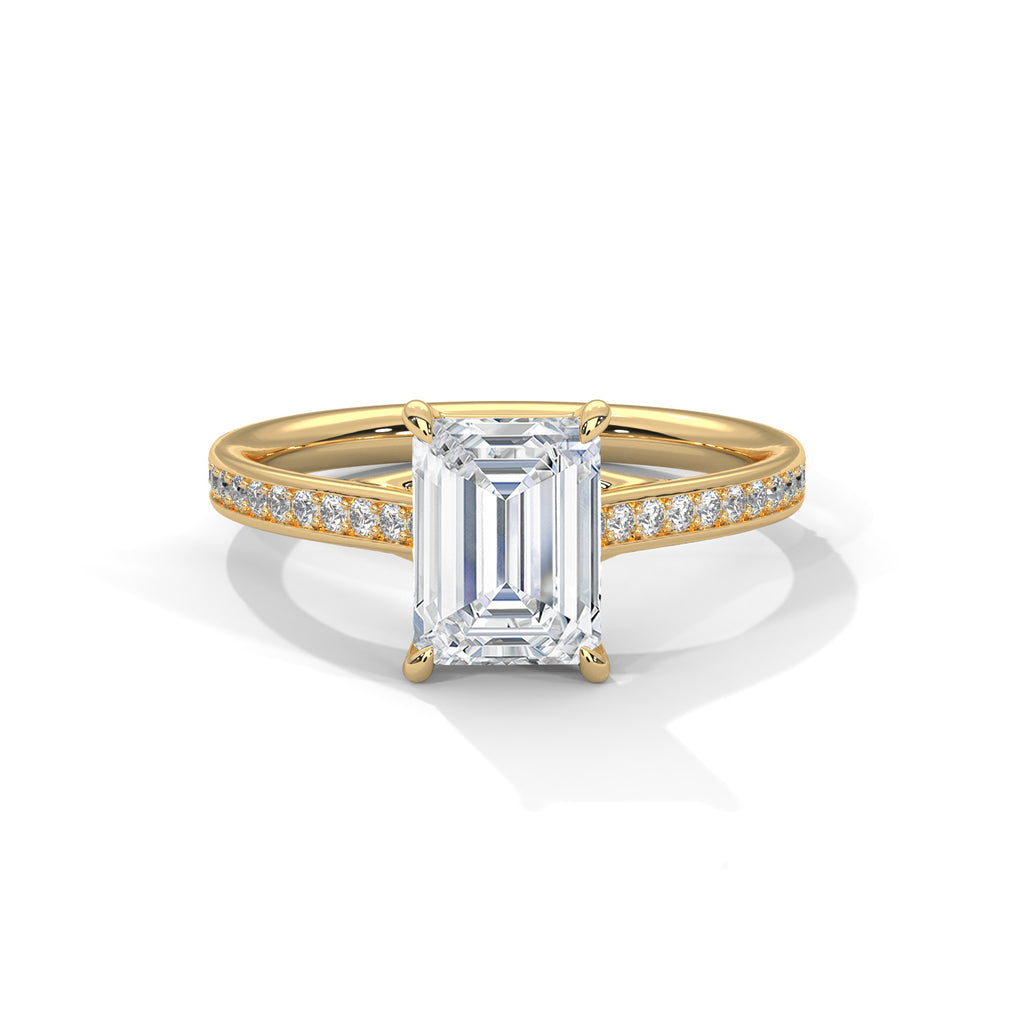 Yellow gold radiant cut diamond engagement ring with emerald-cut center and pave band