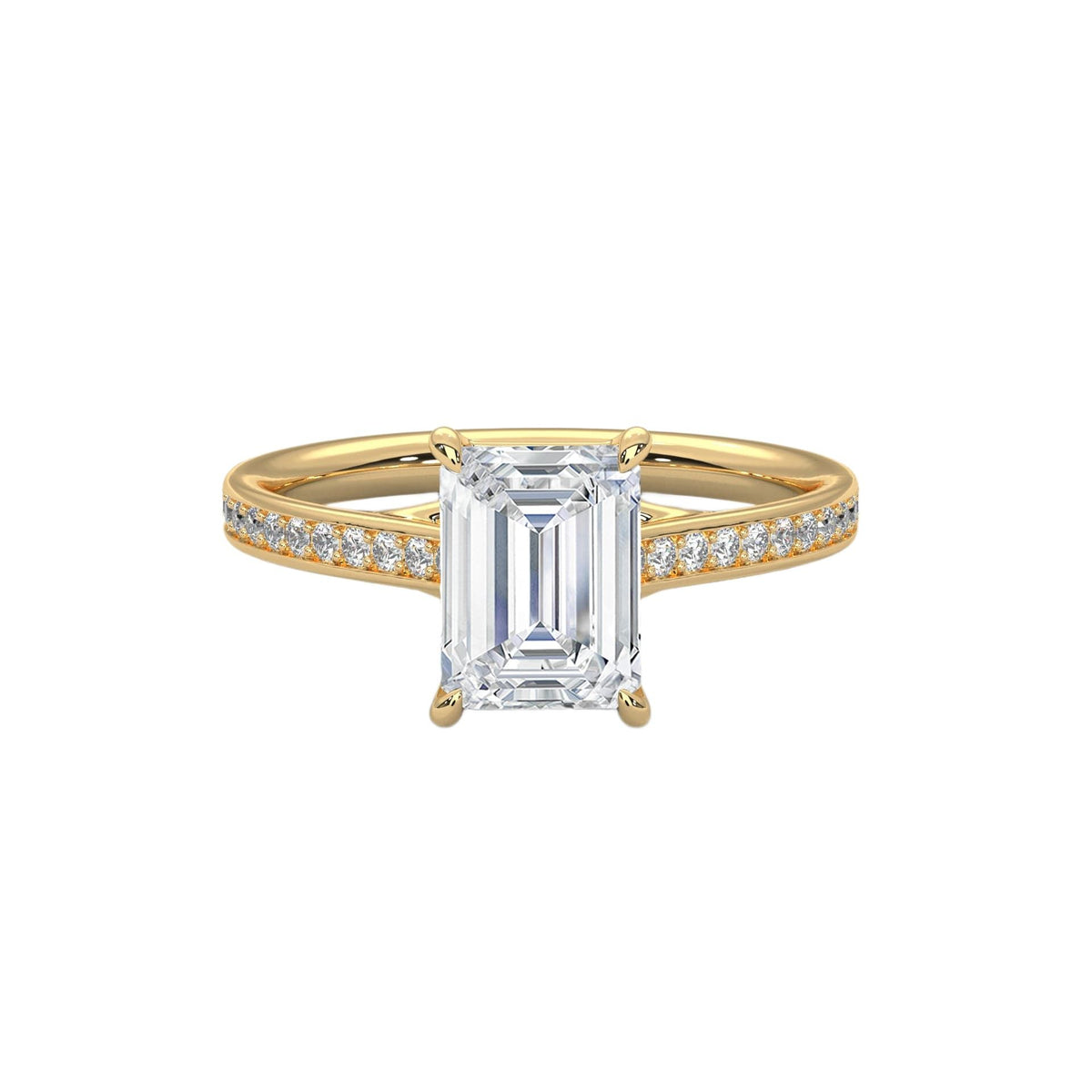 Yellow gold emerald-cut diamond pavé band ring with rectangular center stone