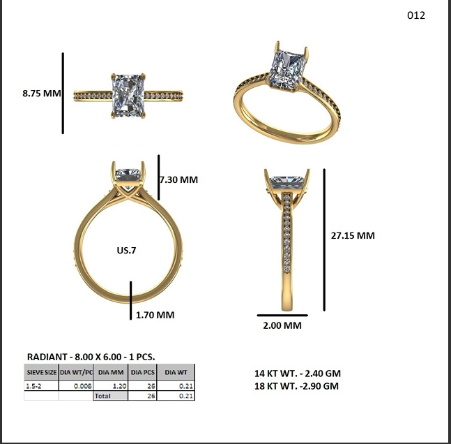 Radiant cut diamond ring diagram with prongs, band details, and labeled dimensions
