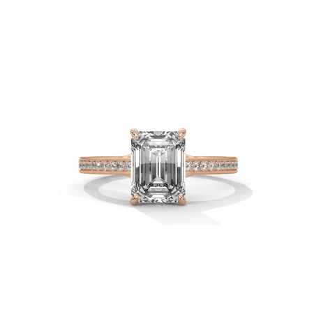 Emerald-cut diamond pavé band ring with rose gold setting and side diamond accents