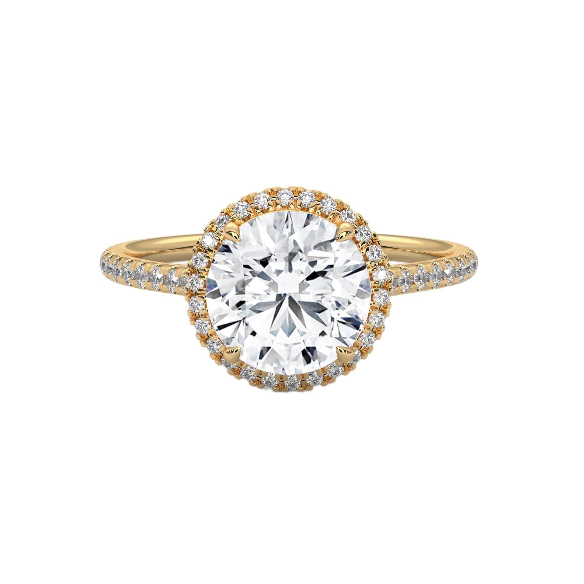 Round halo engagement ring with prong-set center stone, yellow gold tone and pavé diamonds