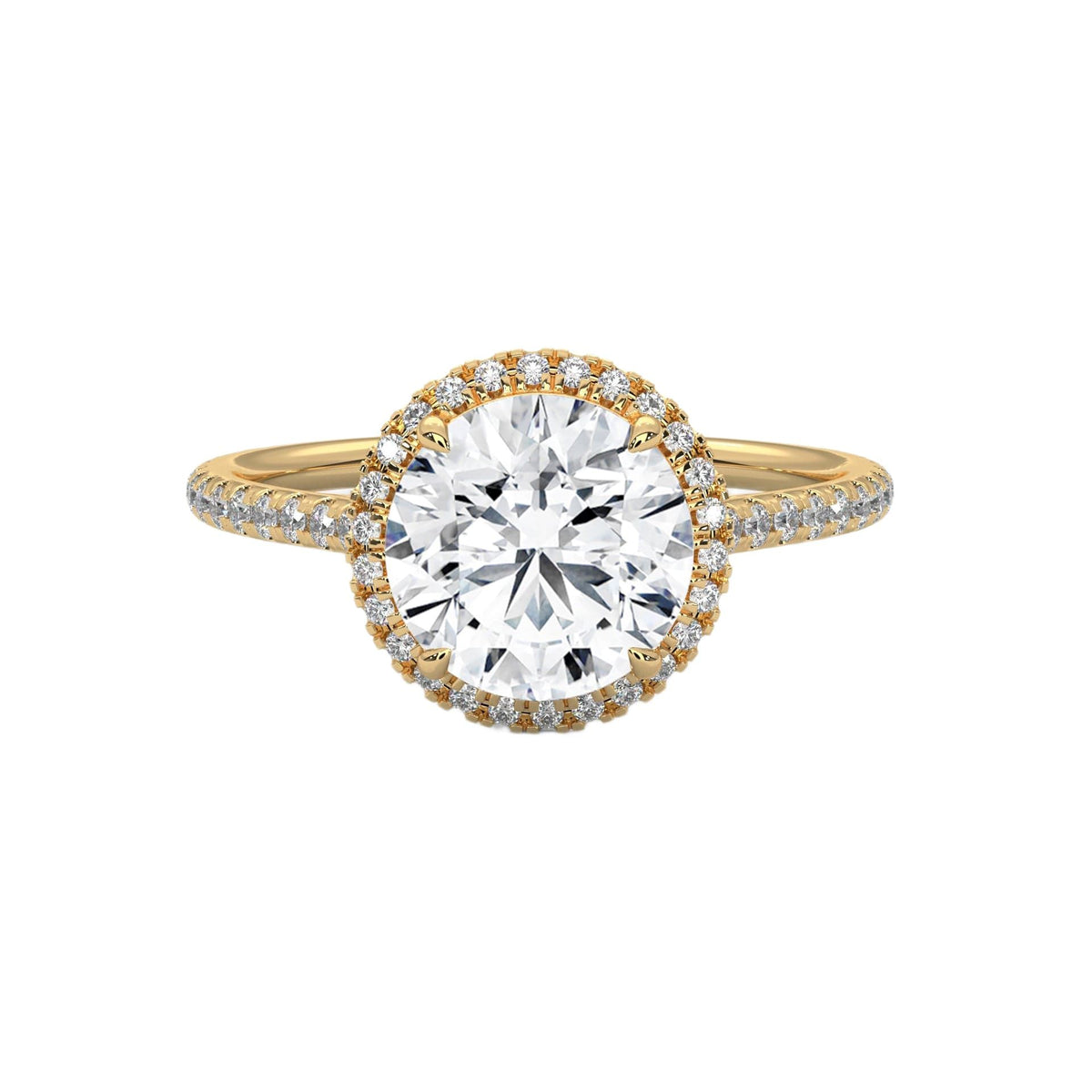 Round halo engagement ring with prong-set center stone, yellow gold tone and pavé diamonds