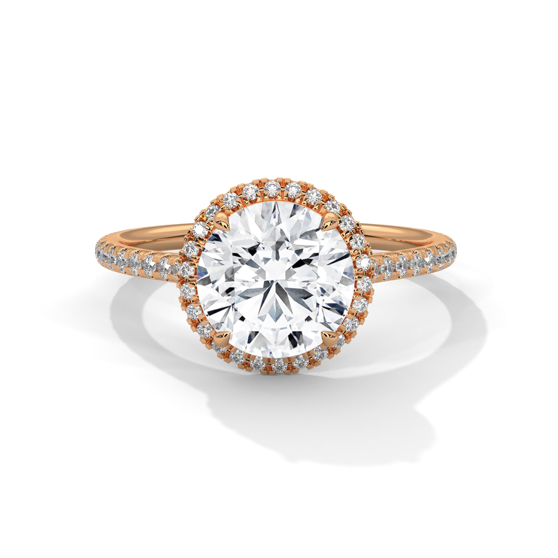 Round halo engagement ring with prong-set center stone, warm yellow gold tone and pavé band