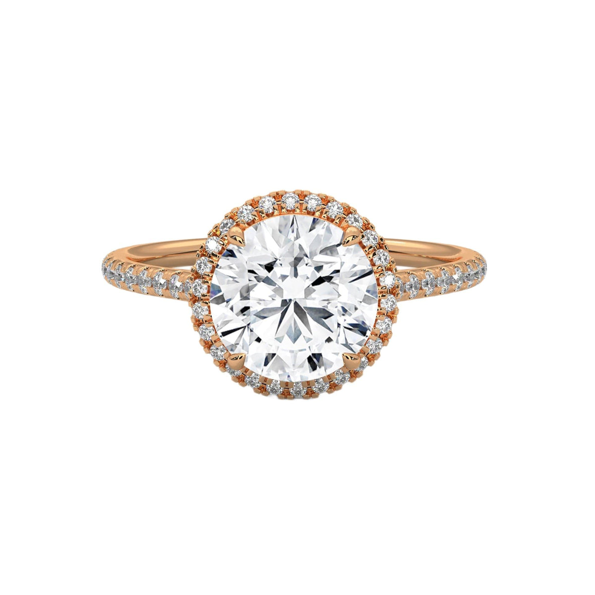 Round halo engagement ring with prong-set center stone, warm yellow gold tone and pavé band