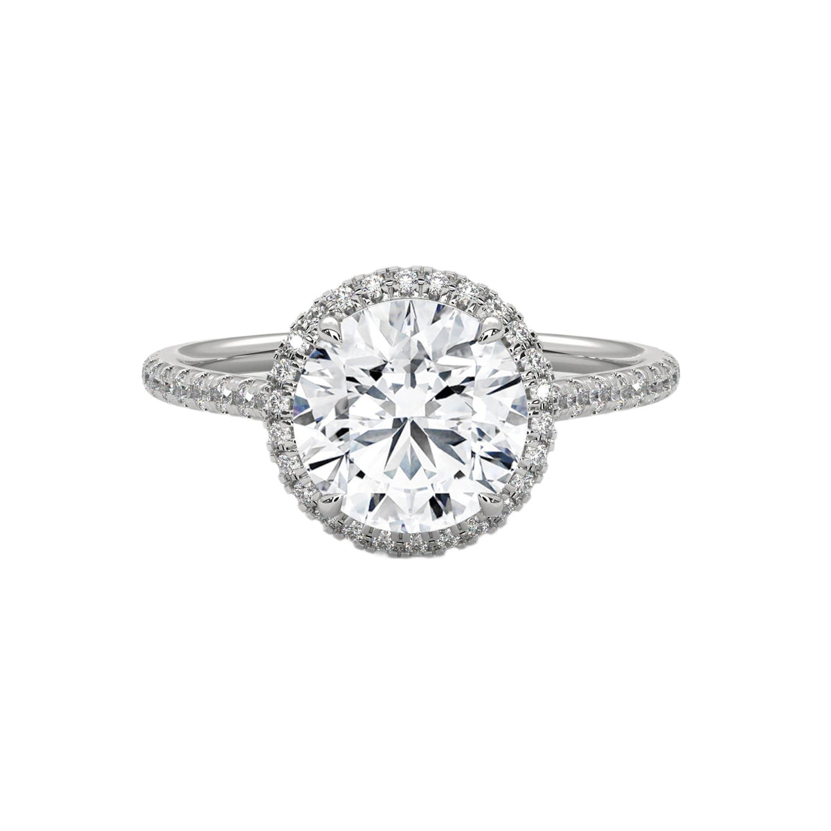 Round halo engagement ring with prong-set center stone, white metal and pavé diamond halo