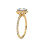 Round halo engagement ring with prong-set center stone, yellow gold tone and pavé band