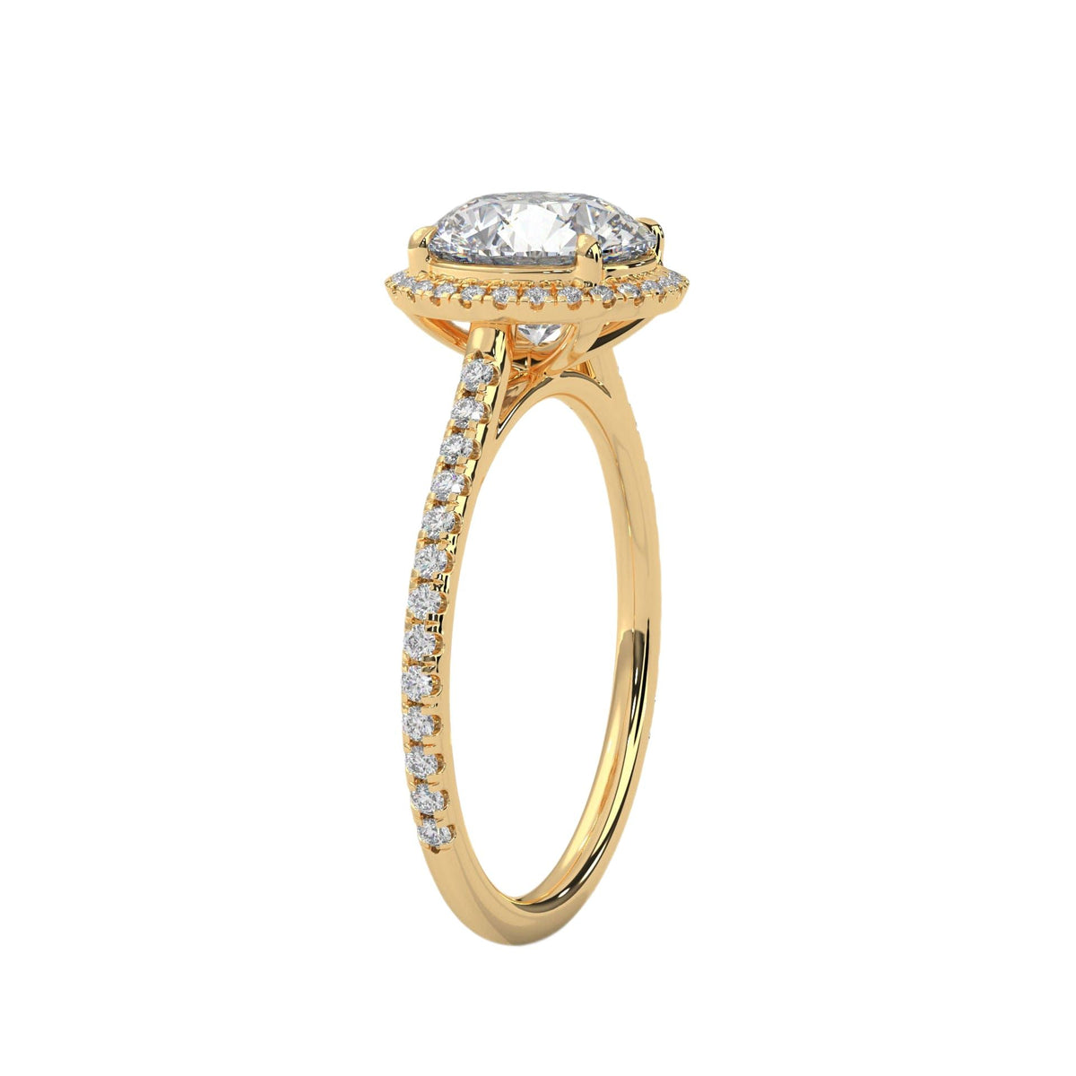 Round halo engagement ring with prong-set center stone, yellow gold tone and pavé band