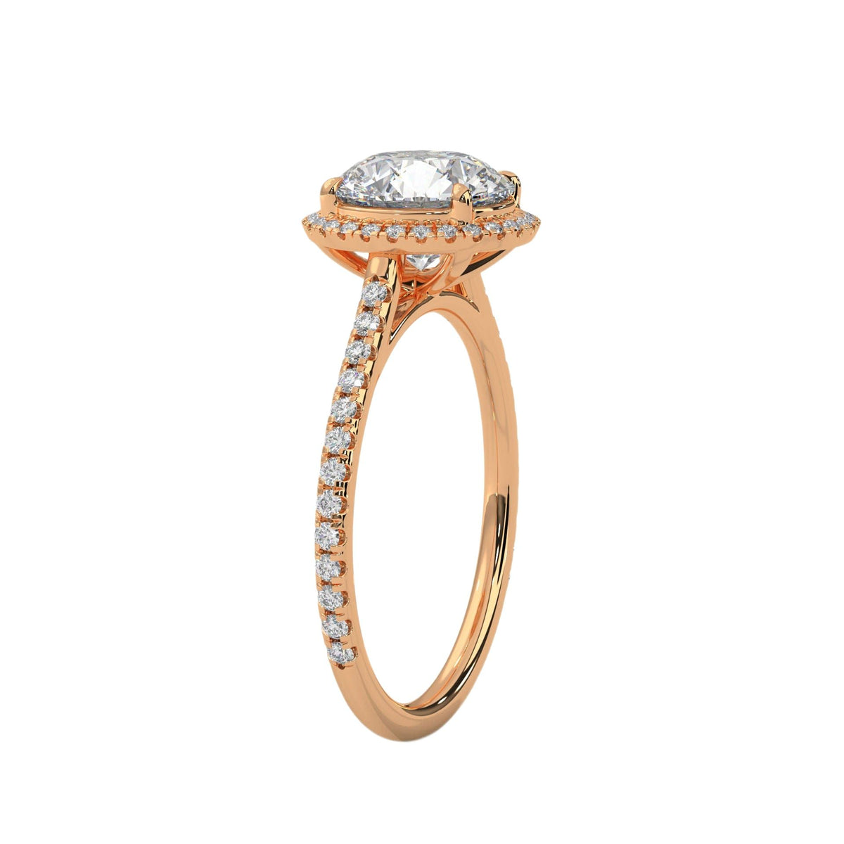 Round halo engagement ring with prong-set center stone, rose gold tone and pavé band