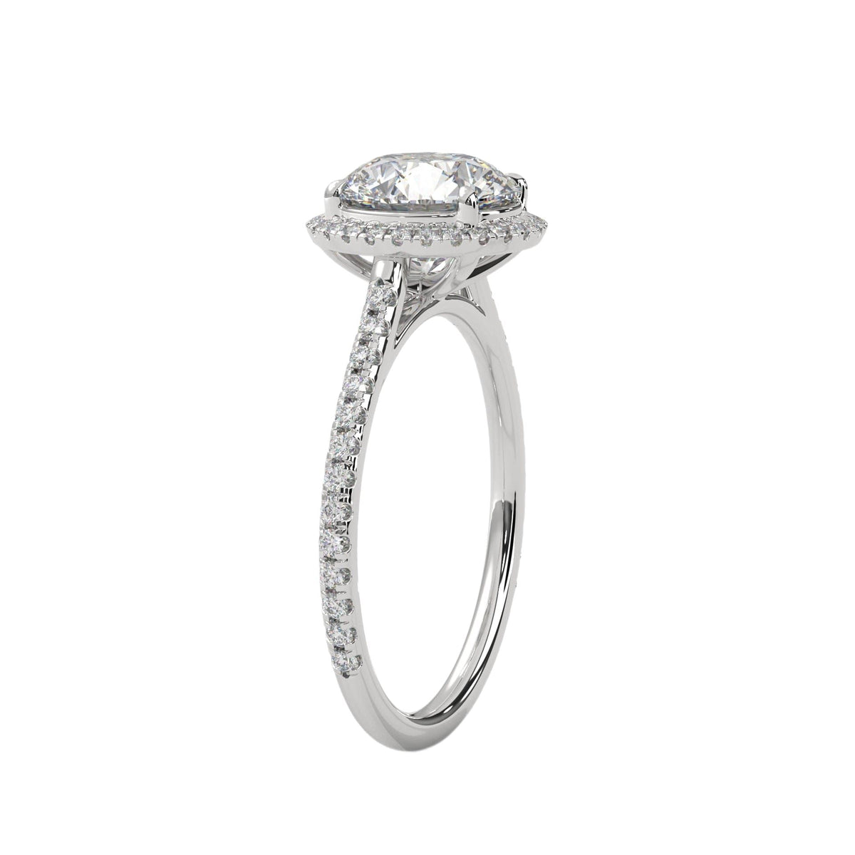Round halo engagement ring with prong-set center stone, bright white metal and pavé band