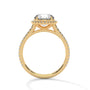 Round halo engagement ring with prong-set center stone, yellow gold tone and pavé details