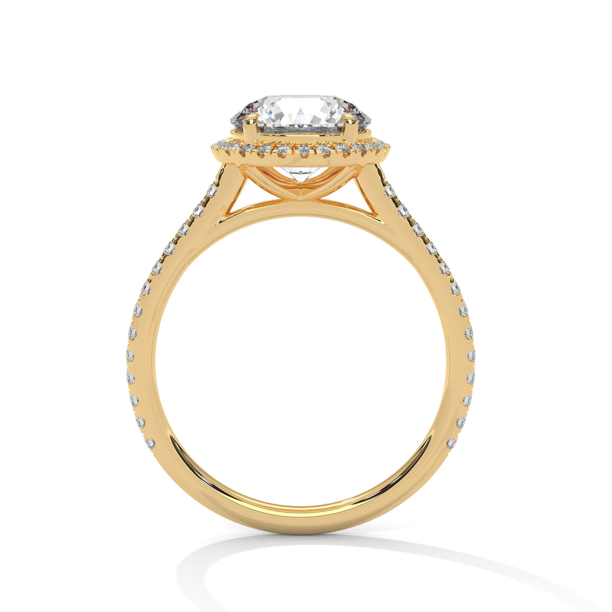 Round halo engagement ring with prong-set center stone, yellow gold tone and pavé details