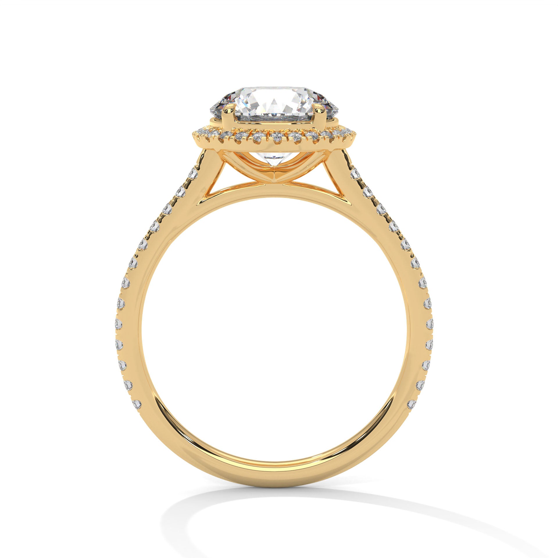 Round halo engagement ring with prong-set center stone, yellow gold tone and pavé details