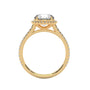 Round halo engagement ring with prong-set center stone, yellow gold tone and pavé details
