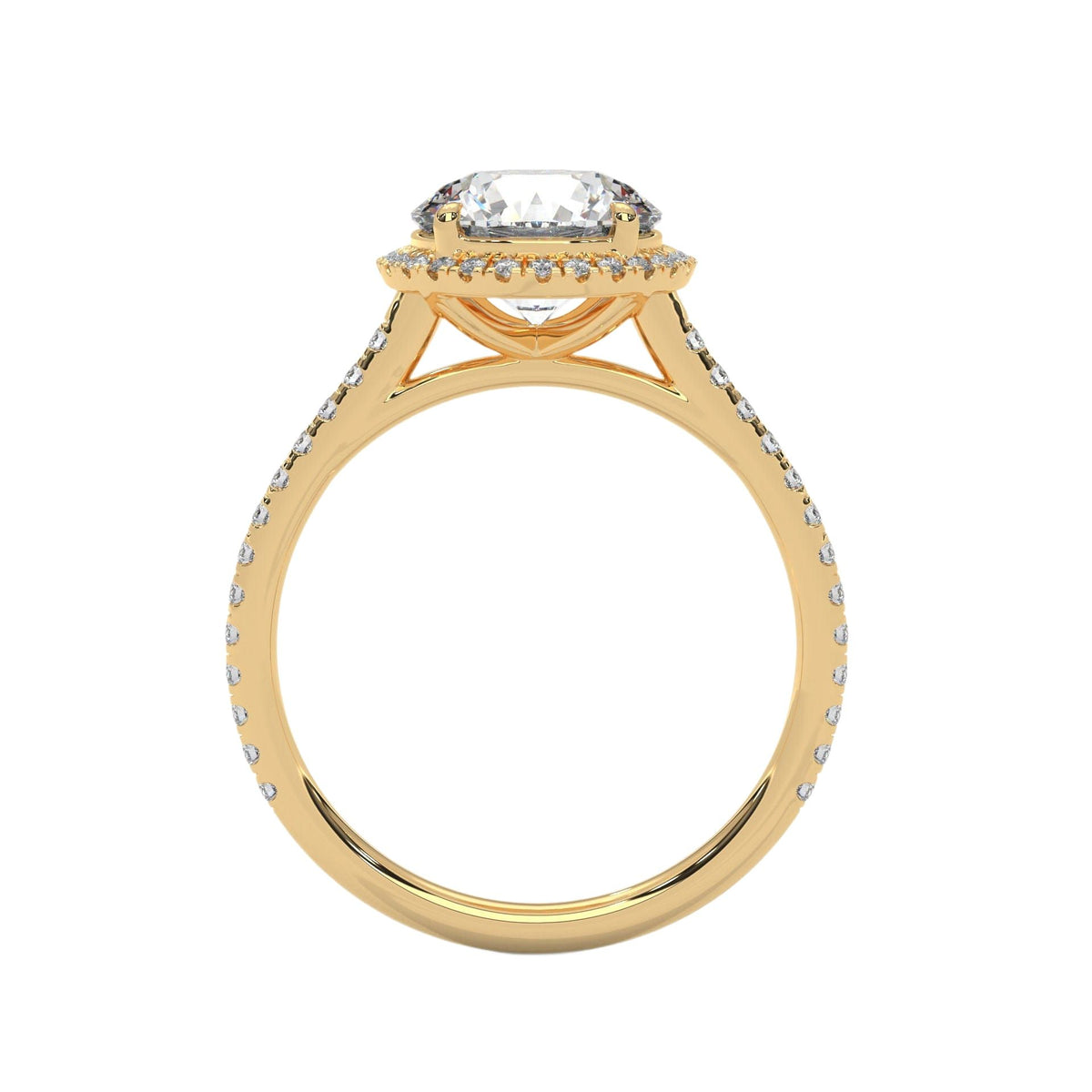 Round halo engagement ring with prong-set center stone, yellow gold tone and pavé details