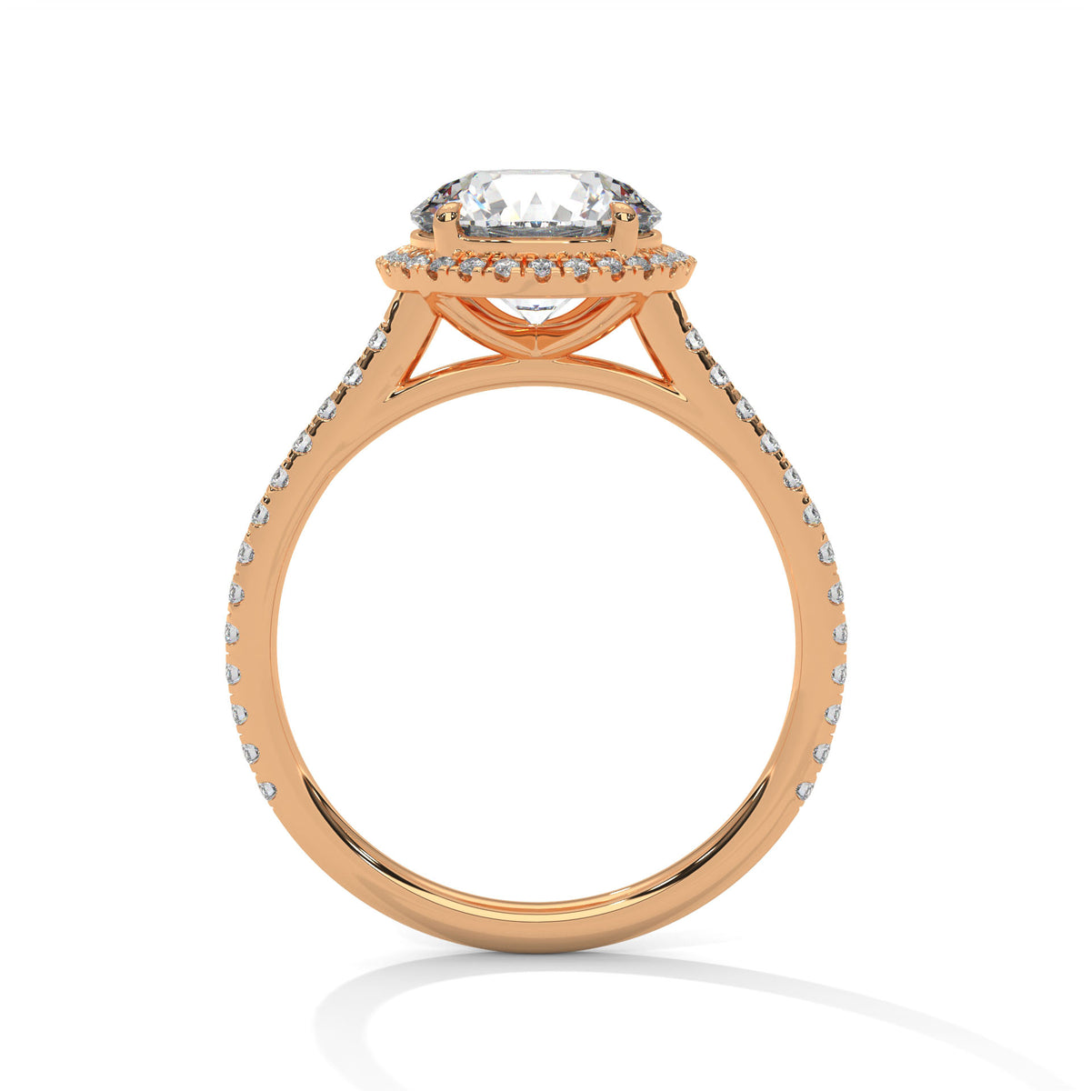 Round halo engagement ring with prong-set center stone, rose gold tone and pavé details