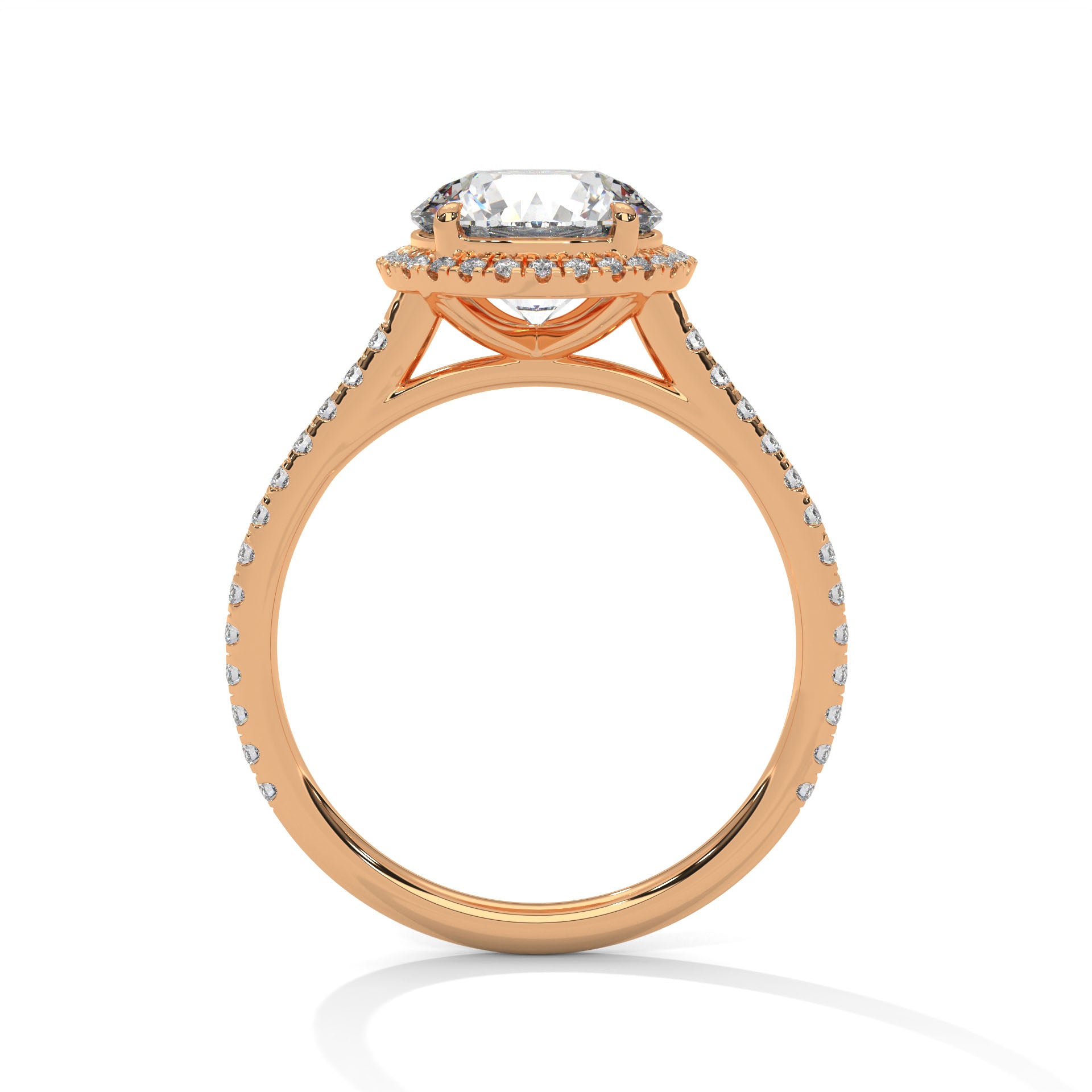 Round halo engagement ring with prong-set center stone, rose gold tone and pavé details
