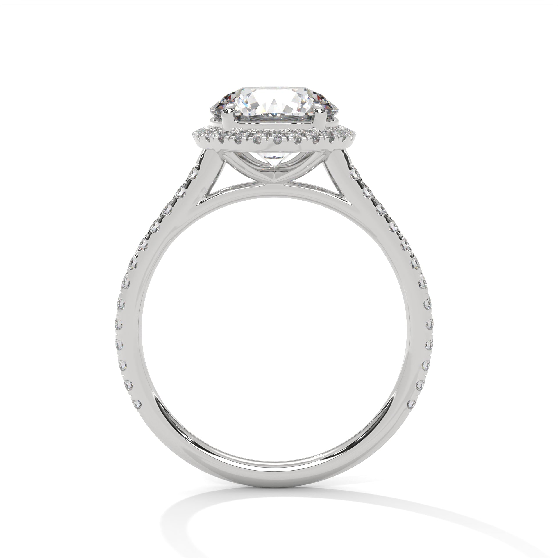 Round halo engagement ring with prong-set center stone, white metal and pavé details