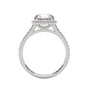 Round halo engagement ring with prong-set center stone, white metal and pavé details