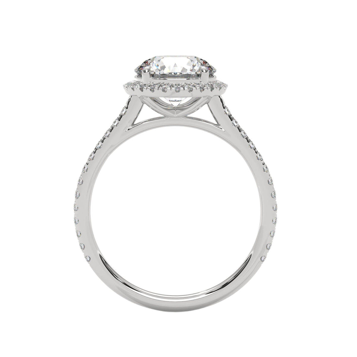 Round halo engagement ring with prong-set center stone, white metal and pavé details