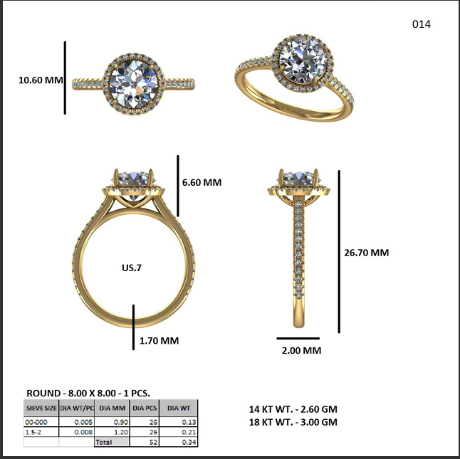 Jewelry ring size and dimension diagram showing round halo style