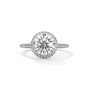 Round halo diamond ring with large round center stone and pavé band, white gold