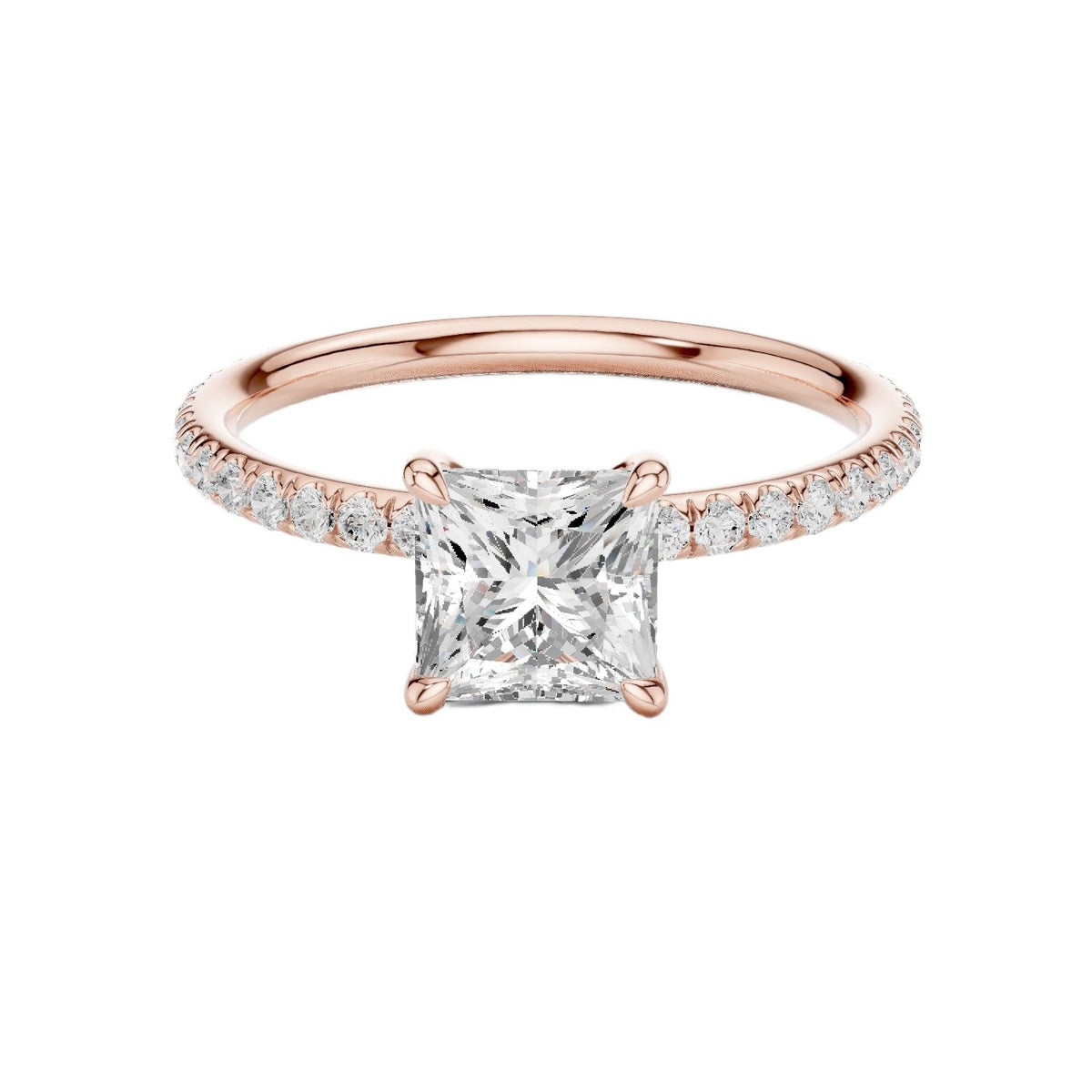 Rose gold princess-cut solitaire diamond ring with pavé side stones, four-prong setting