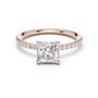 Rose gold princess-cut solitaire diamond ring with pavé side stones, four-prong setting