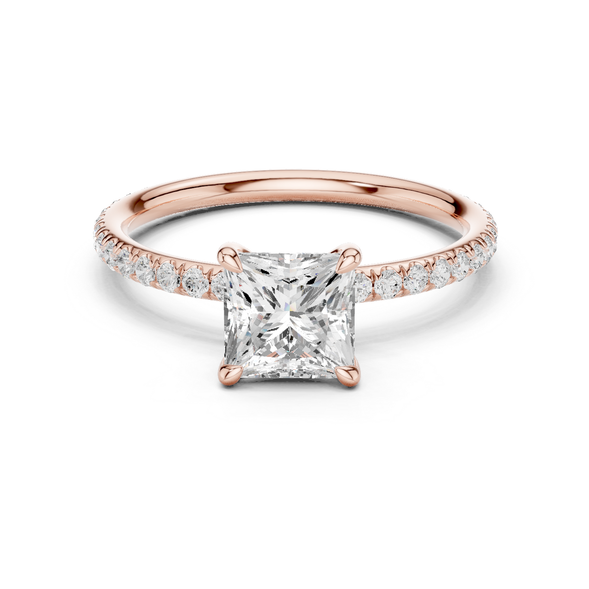 Rose gold princess-cut solitaire diamond ring with pavé side stones, four-prong setting