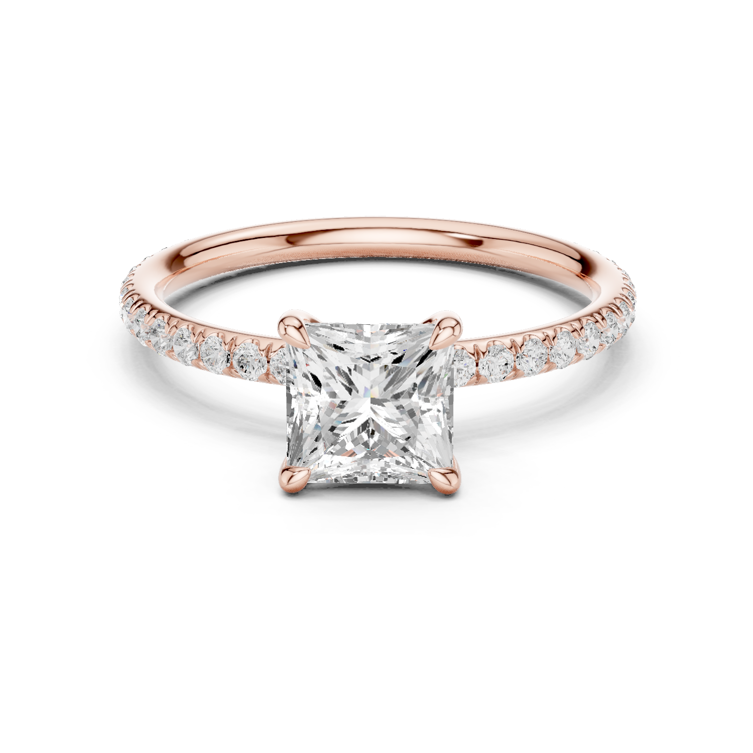 Rose gold solitaire engagement ring with princess center stone and diamond side band