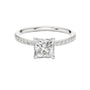 White gold princess-cut solitaire diamond ring with pavé side stones, four-prong setting