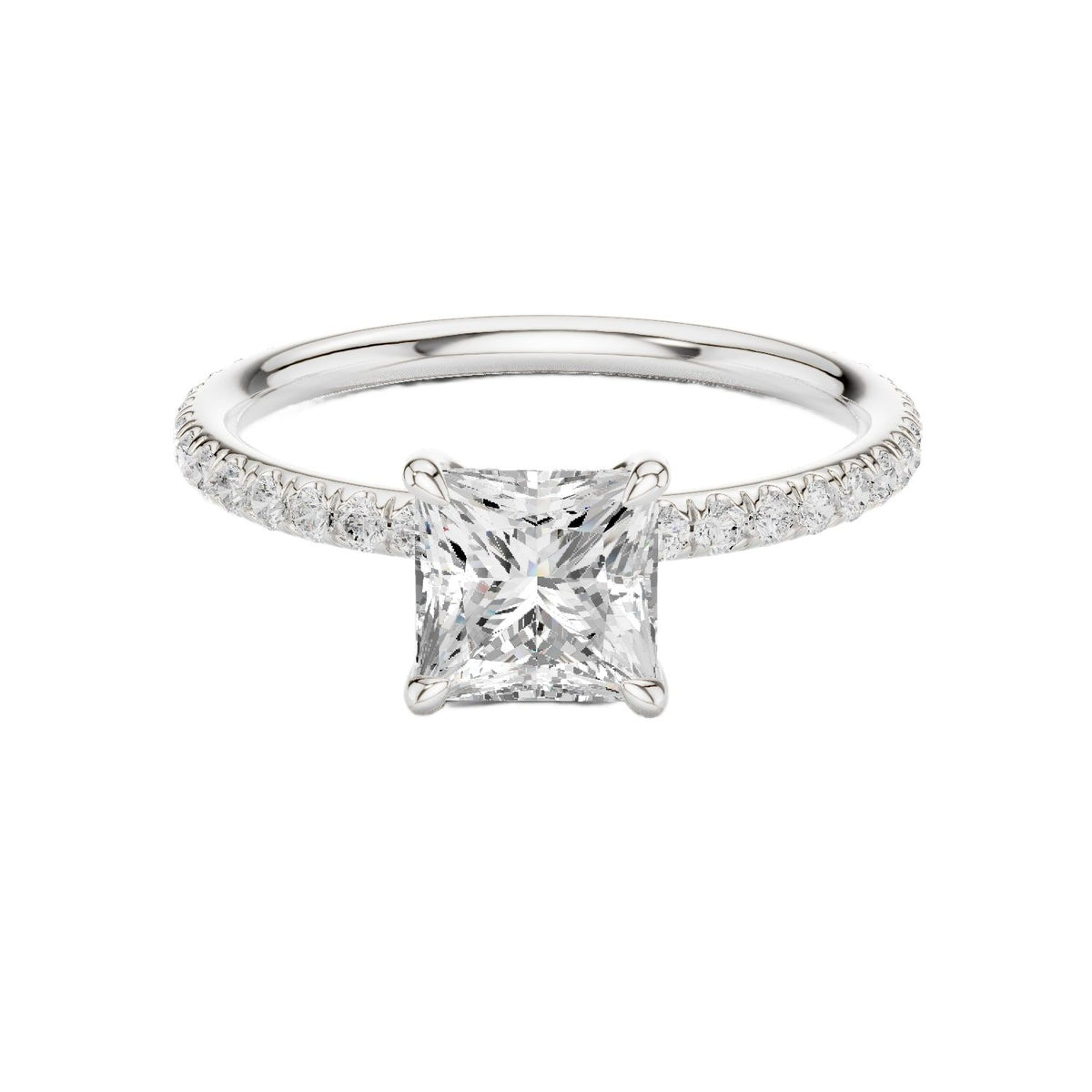 White gold princess-cut solitaire diamond ring with pavé side stones, four-prong setting