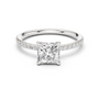 White gold princess-cut solitaire diamond ring with pavé side stones, four-prong setting