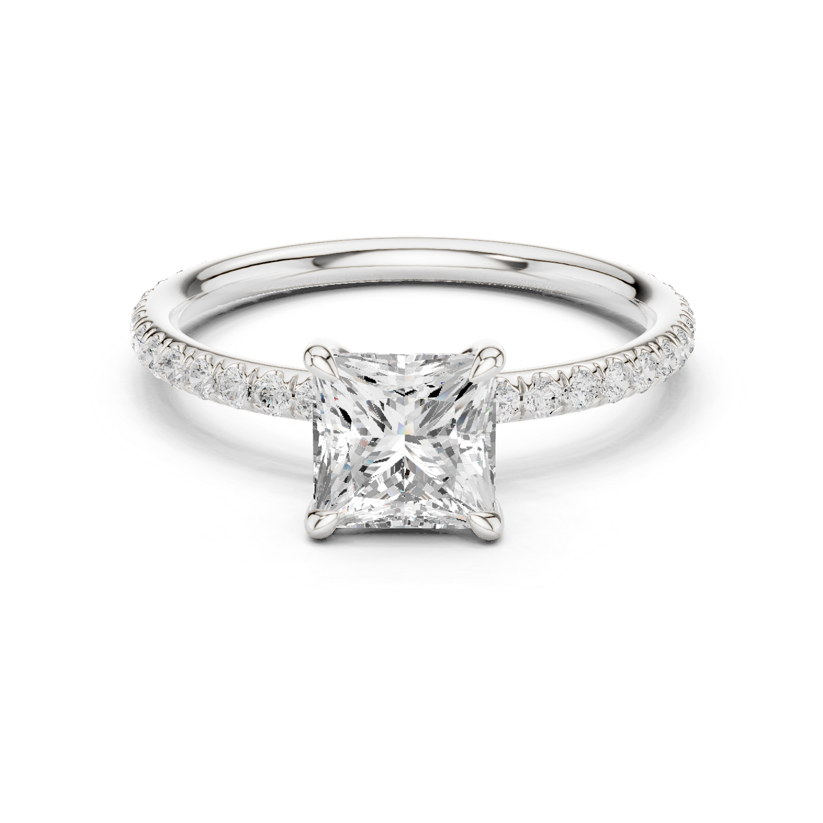 White gold princess-cut solitaire diamond ring with pavé side stones, four-prong setting