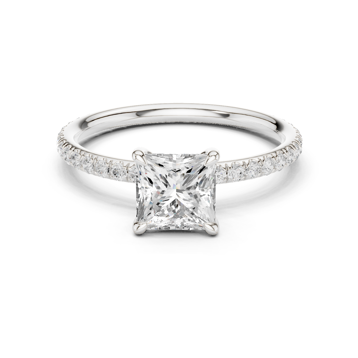White gold solitaire engagement ring with princess center stone and diamond side band
