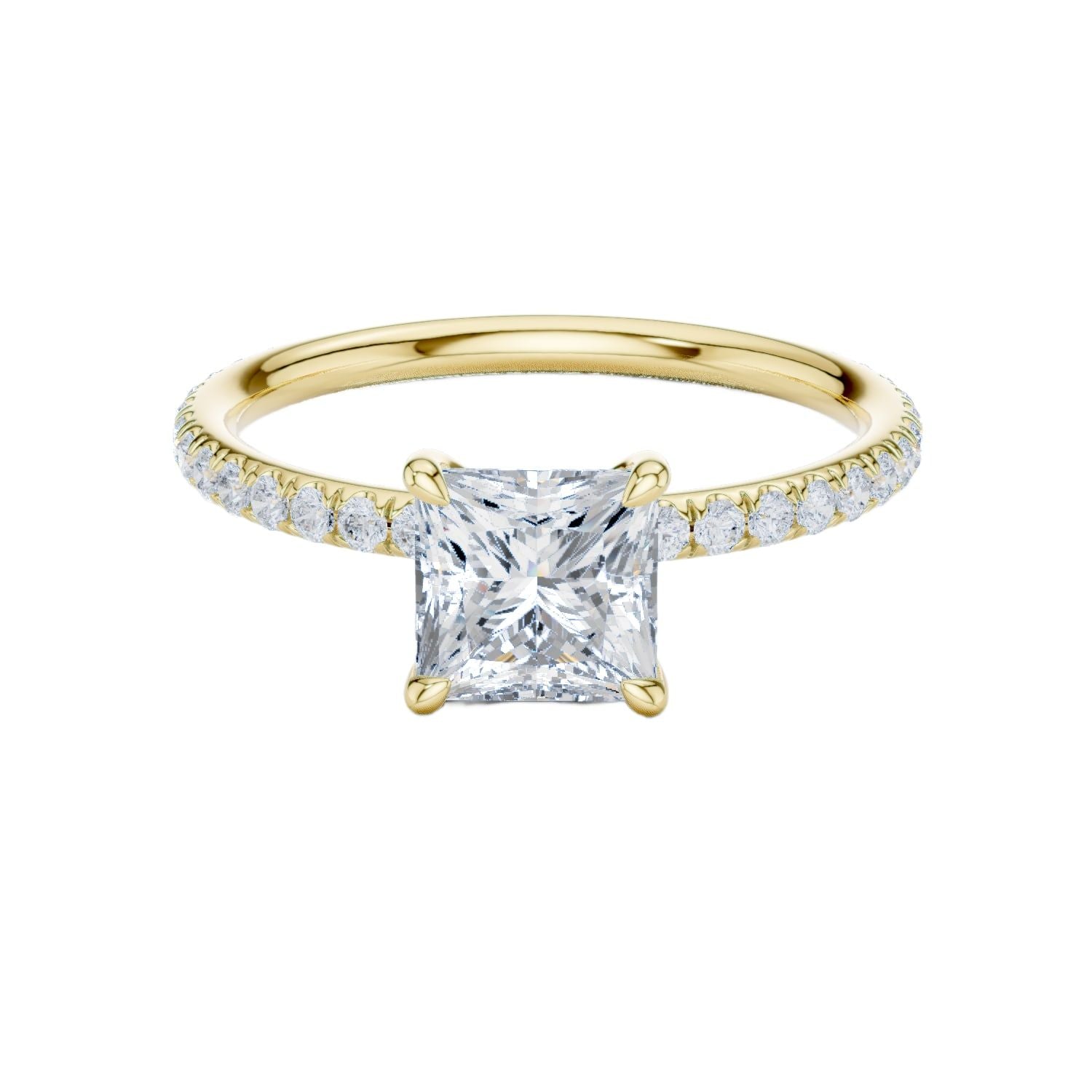 Yellow gold princess-cut solitaire diamond ring with pavé side stones, four-prong setting