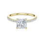 Yellow gold princess-cut solitaire diamond ring with pavé side stones, four-prong setting