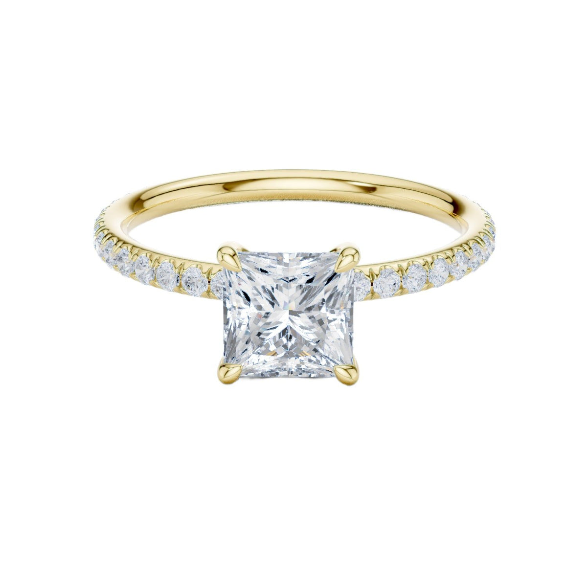 Yellow gold princess-cut solitaire diamond ring with pavé side stones, four-prong setting