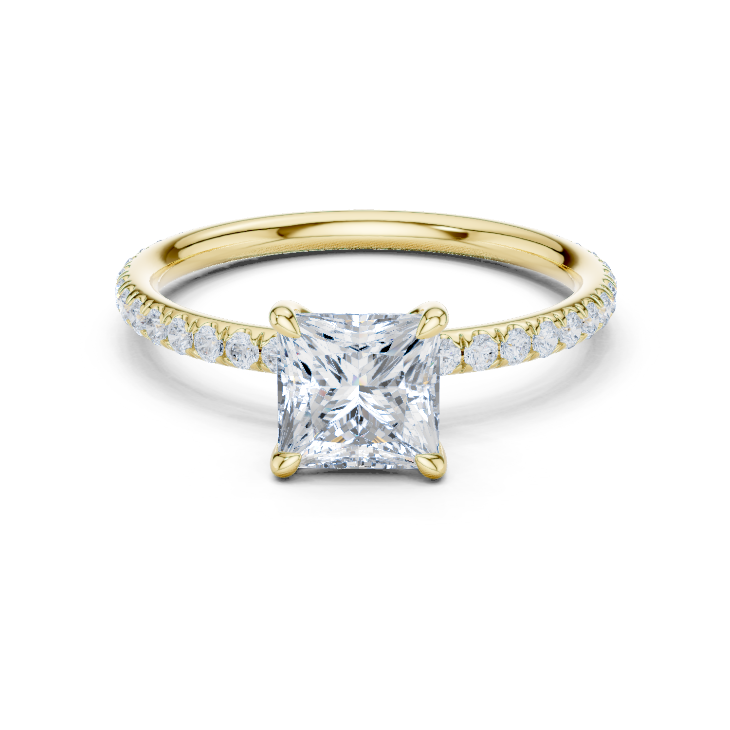 Yellow gold princess-cut solitaire diamond ring with pavé side stones, four-prong setting