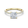 Yellow gold princess-cut solitaire diamond ring with pavé side stones, four-prong setting