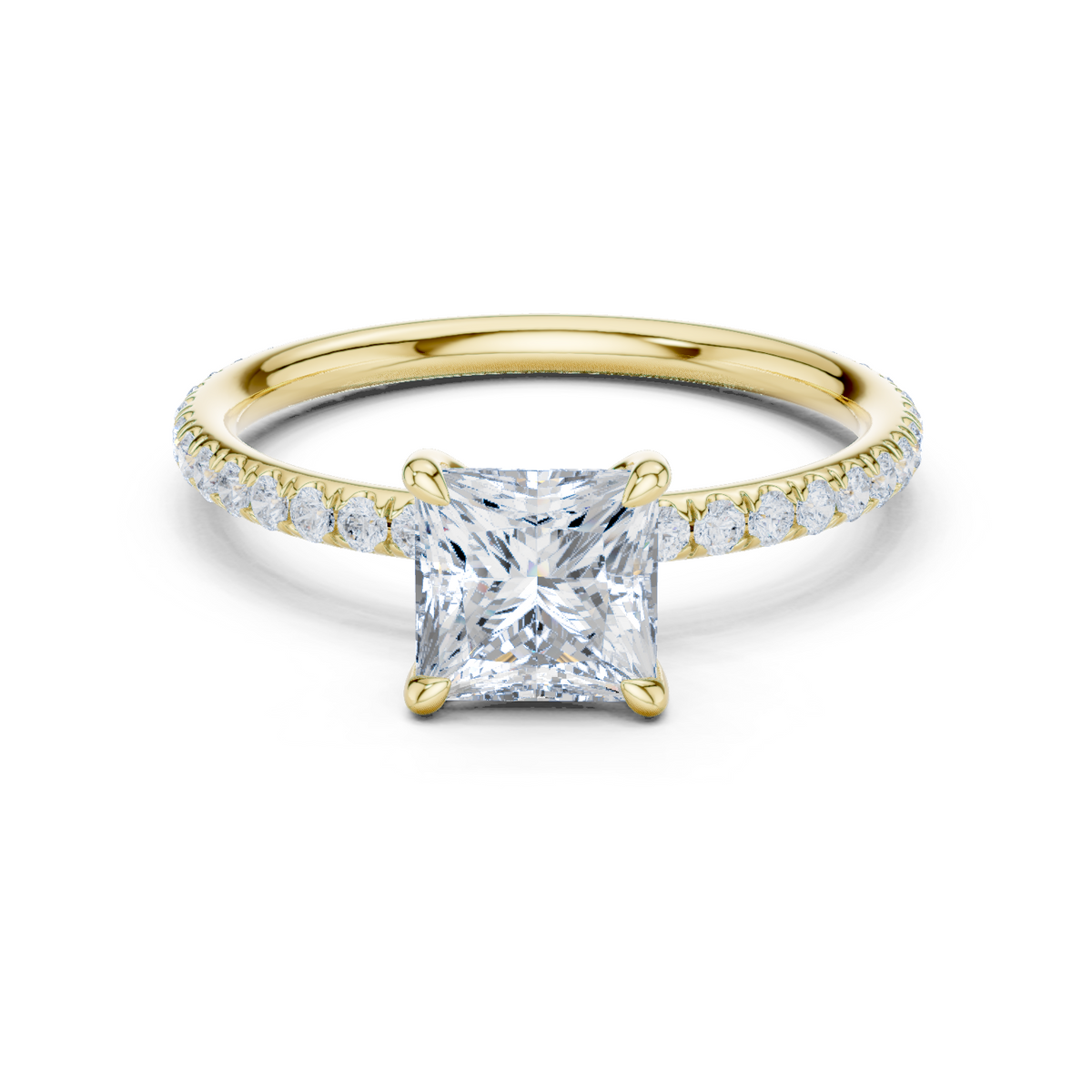 Yellow gold princess-cut solitaire diamond ring with pavé side stones, four-prong setting