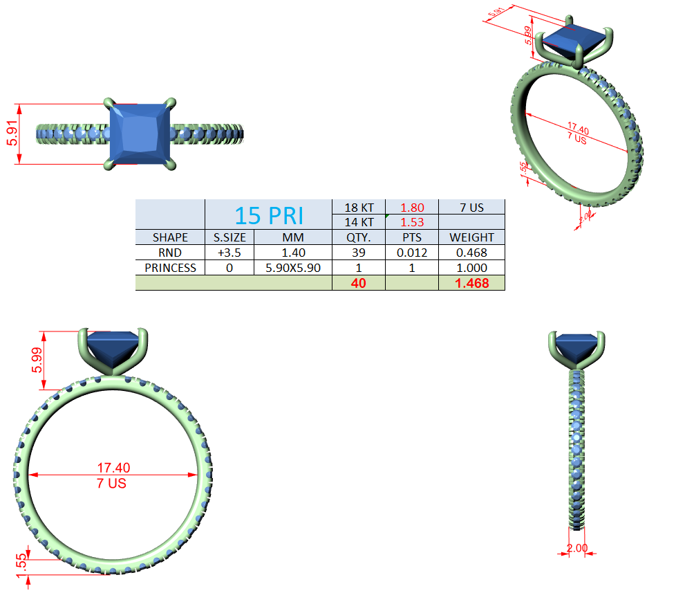 Ring design diagram with measurements and center-stone setting details