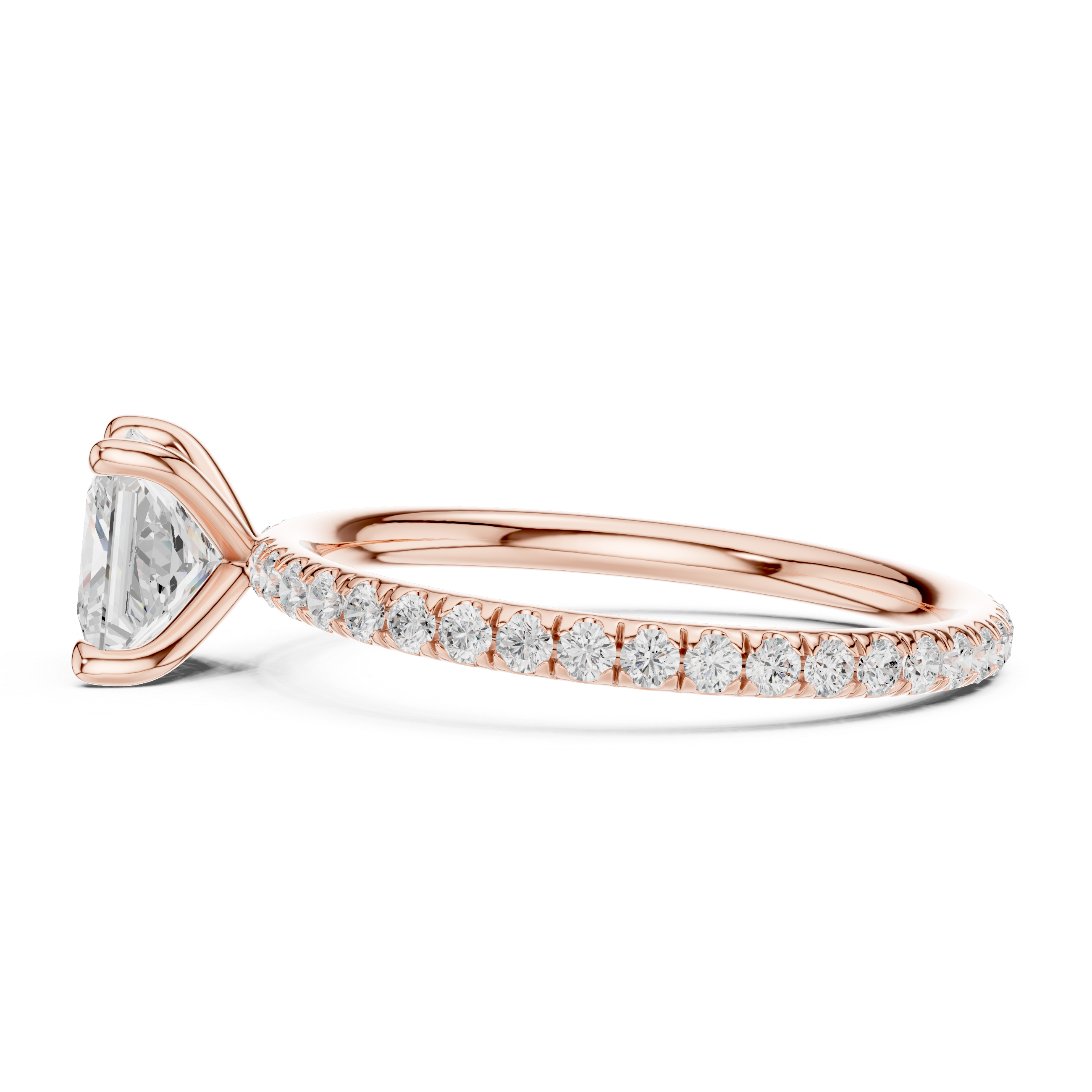 Rose gold solitaire engagement ring with princess center stone and diamond pavé band