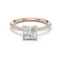 Rose gold princess-cut solitaire diamond ring with pavé band and four-prong center setting