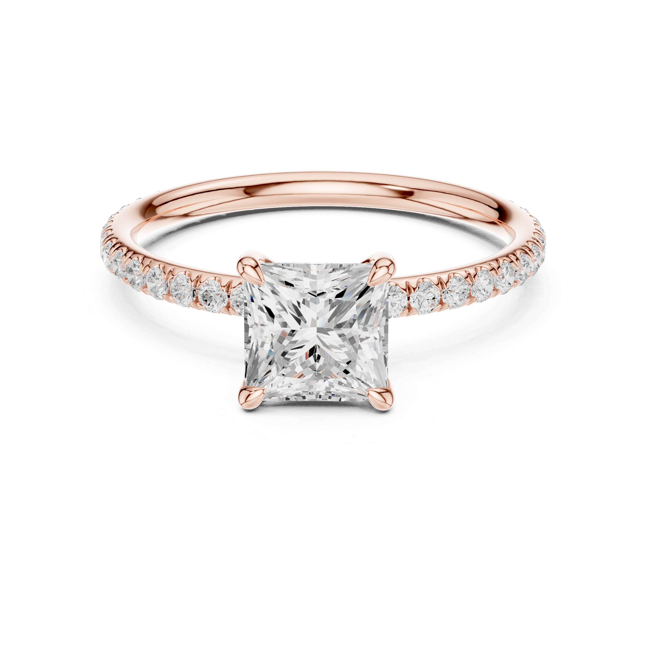 Rose gold solitaire engagement ring with princess center stone and diamond band