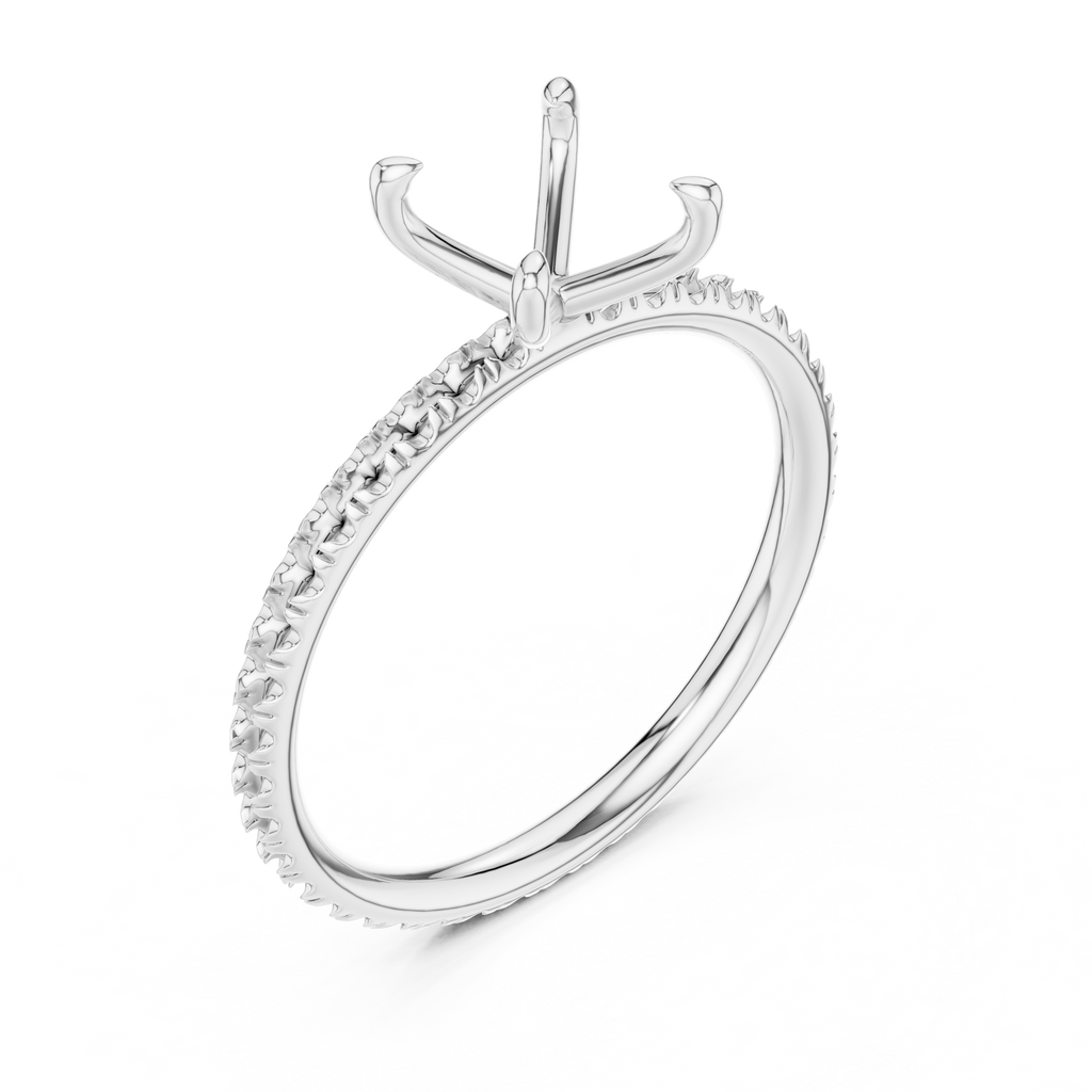 White gold solitaire engagement ring side view with princess center stone and prongs