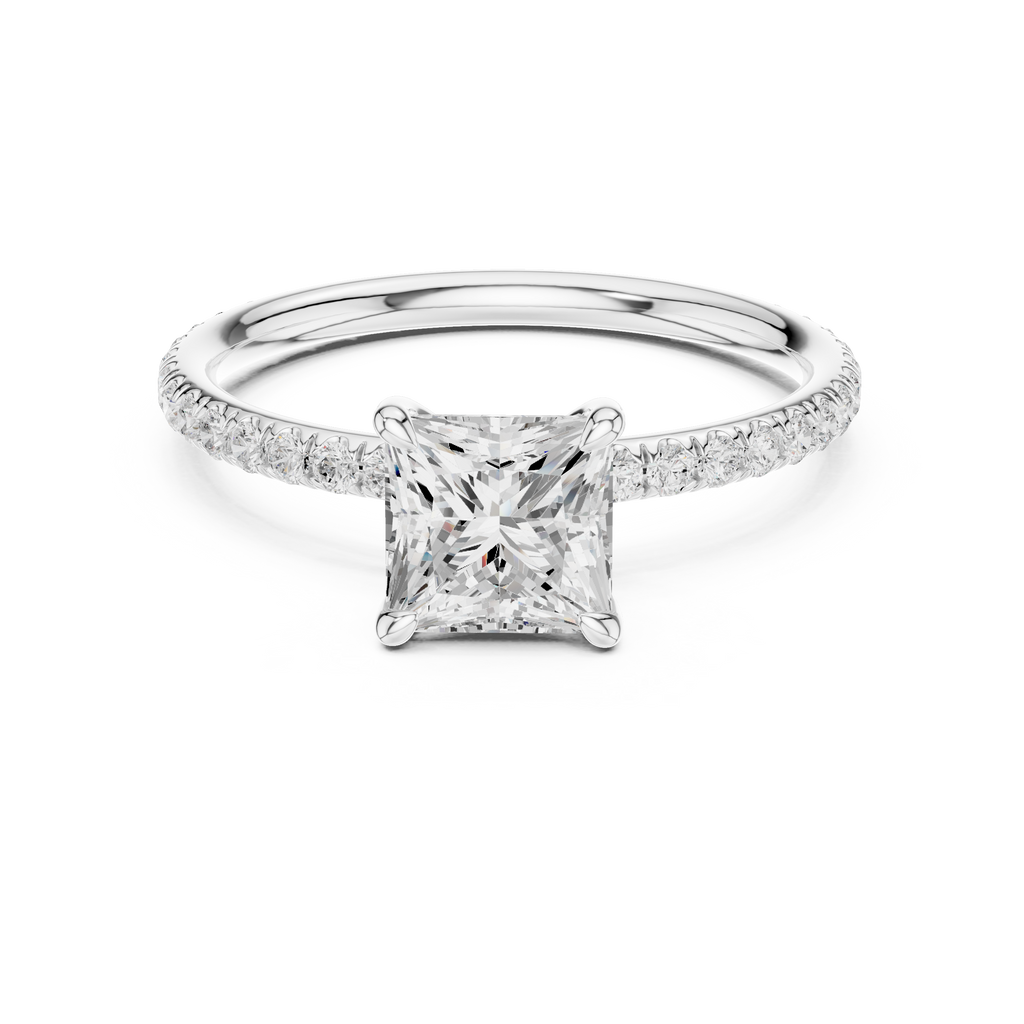 White gold diamond engagement ring with round center stone and pavé halo band